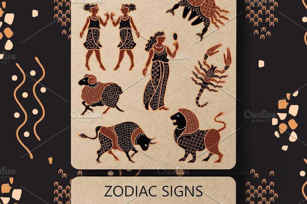 Brown and dark brown zodiac signs on a beige background with lettering "ZODIAC SIGNS".
