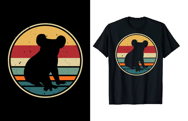 Image of a black t-shirt with an enchanting print of a silhouette of a koala on a bright background.