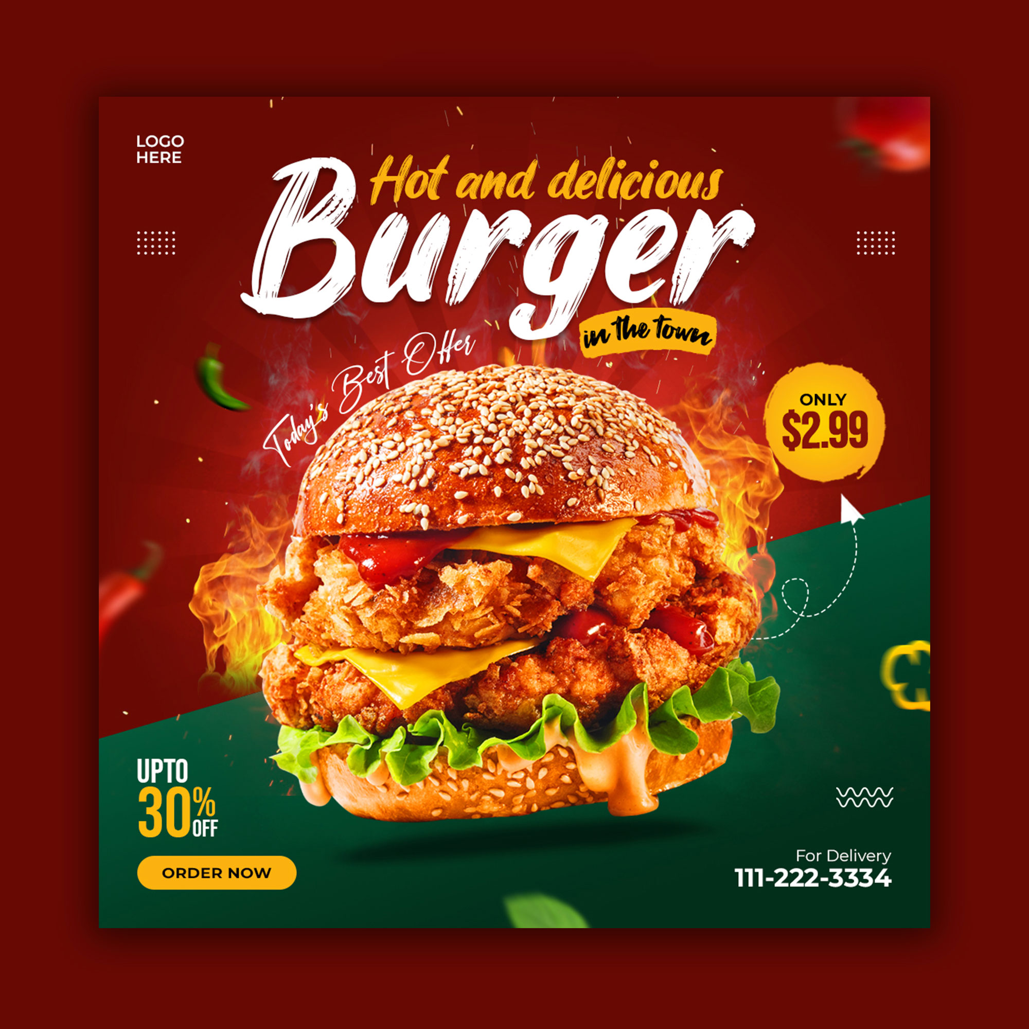 Delicious Burger Red Social Media Post Banner Template Bundle preview image.