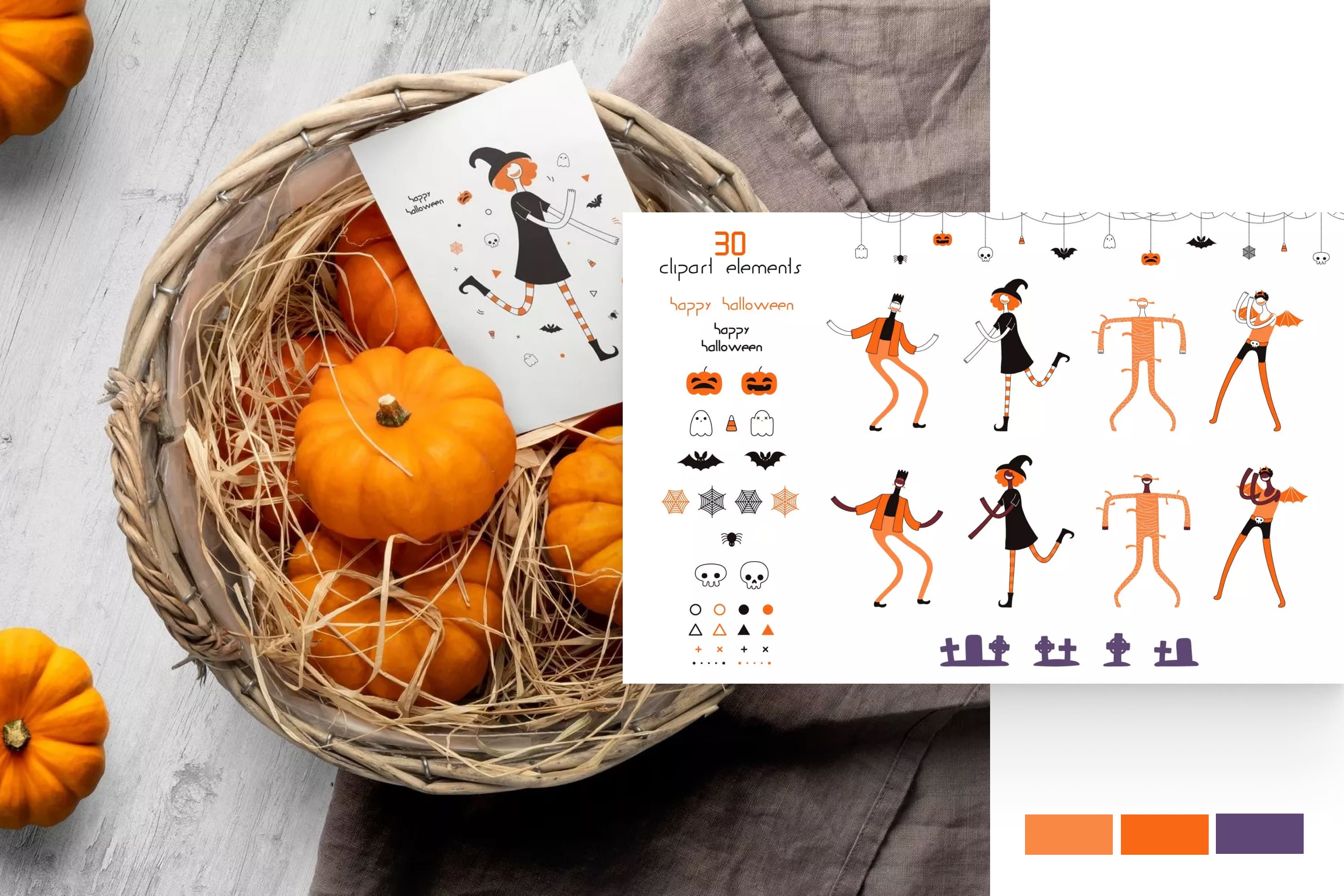 Collage of images of people in orange and black clothes for postcards on the background of a basket of pumpkins.