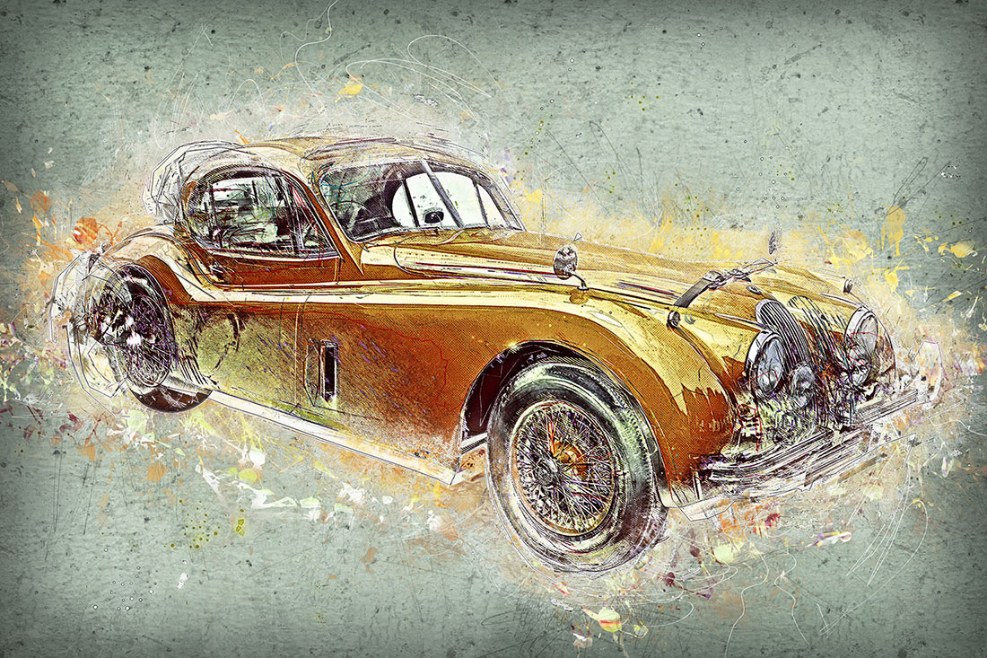 12 Vintage Classic Cars HQ Graphics with Grunge Style yellow car.