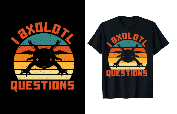 Image of a black t-shirt with unique axolotl print and slogan..