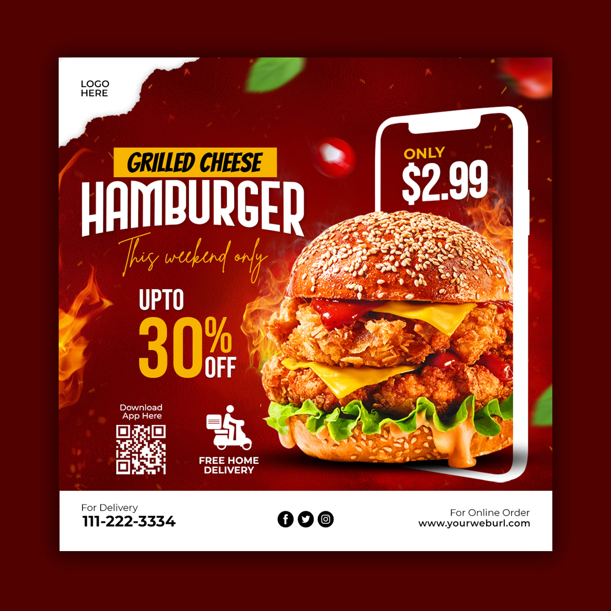 Delicious Burger Red Instagram Post Banner Template Bundle preview image.