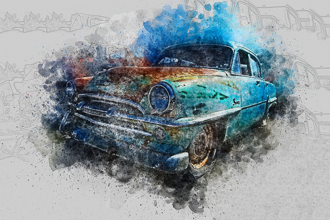 Bundle of 12 Vintage Classic Cars HQ Graphics with Grunge Style for postcards.
