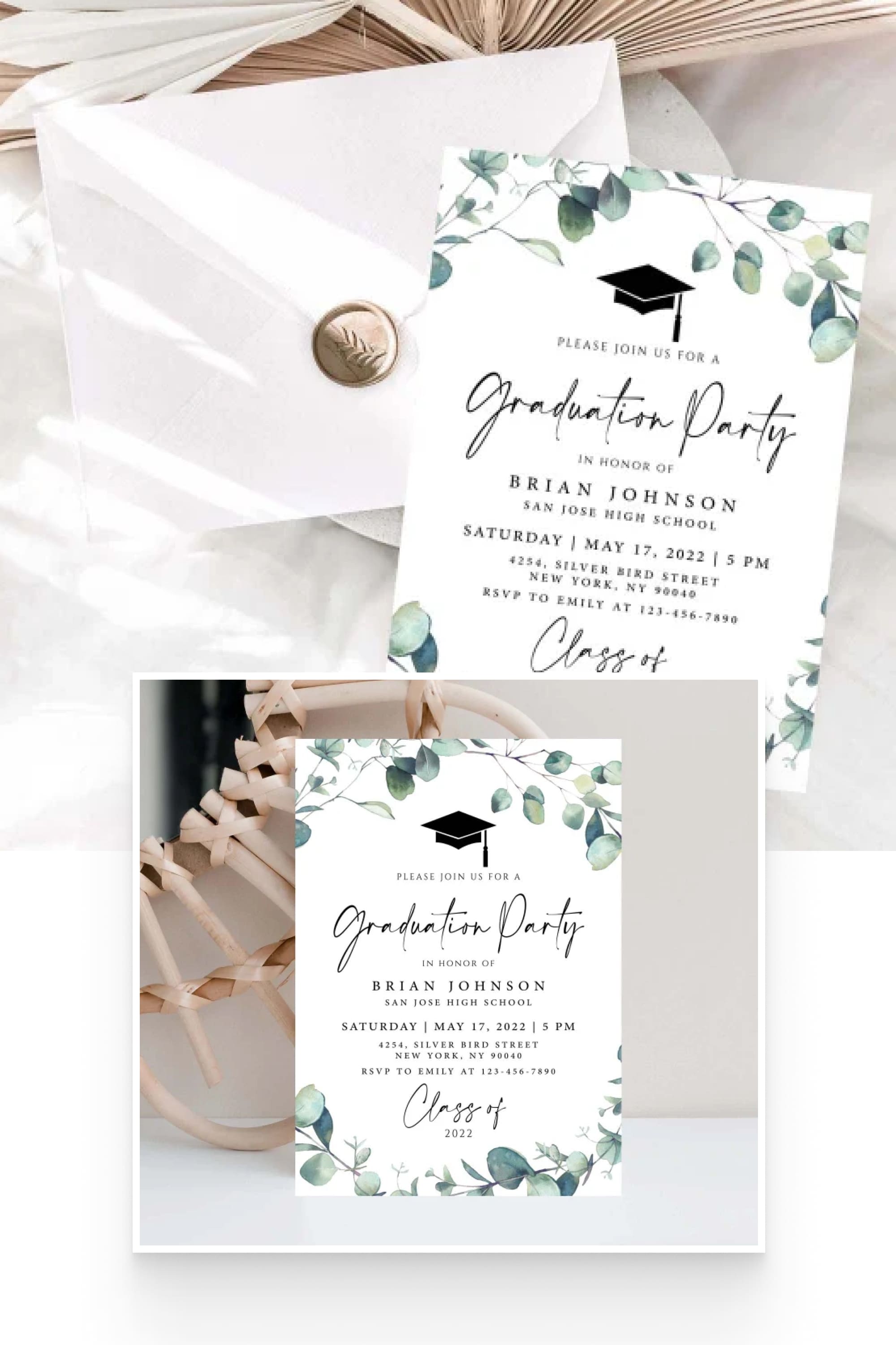 Collage of graduation invitation images with flowers on it.