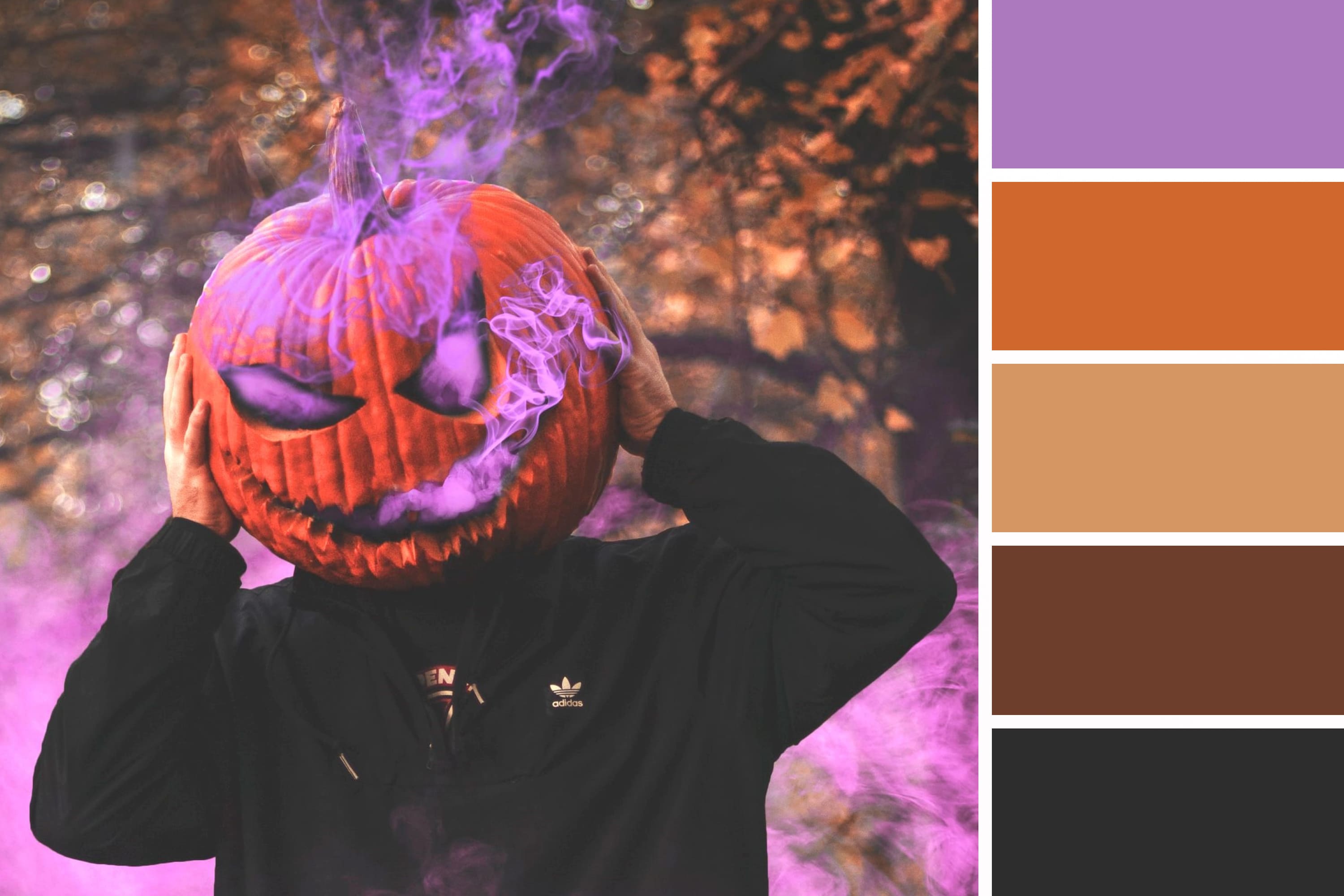 A guy in a black sweater with a big pumpkin instead of a head and purple smoke around.