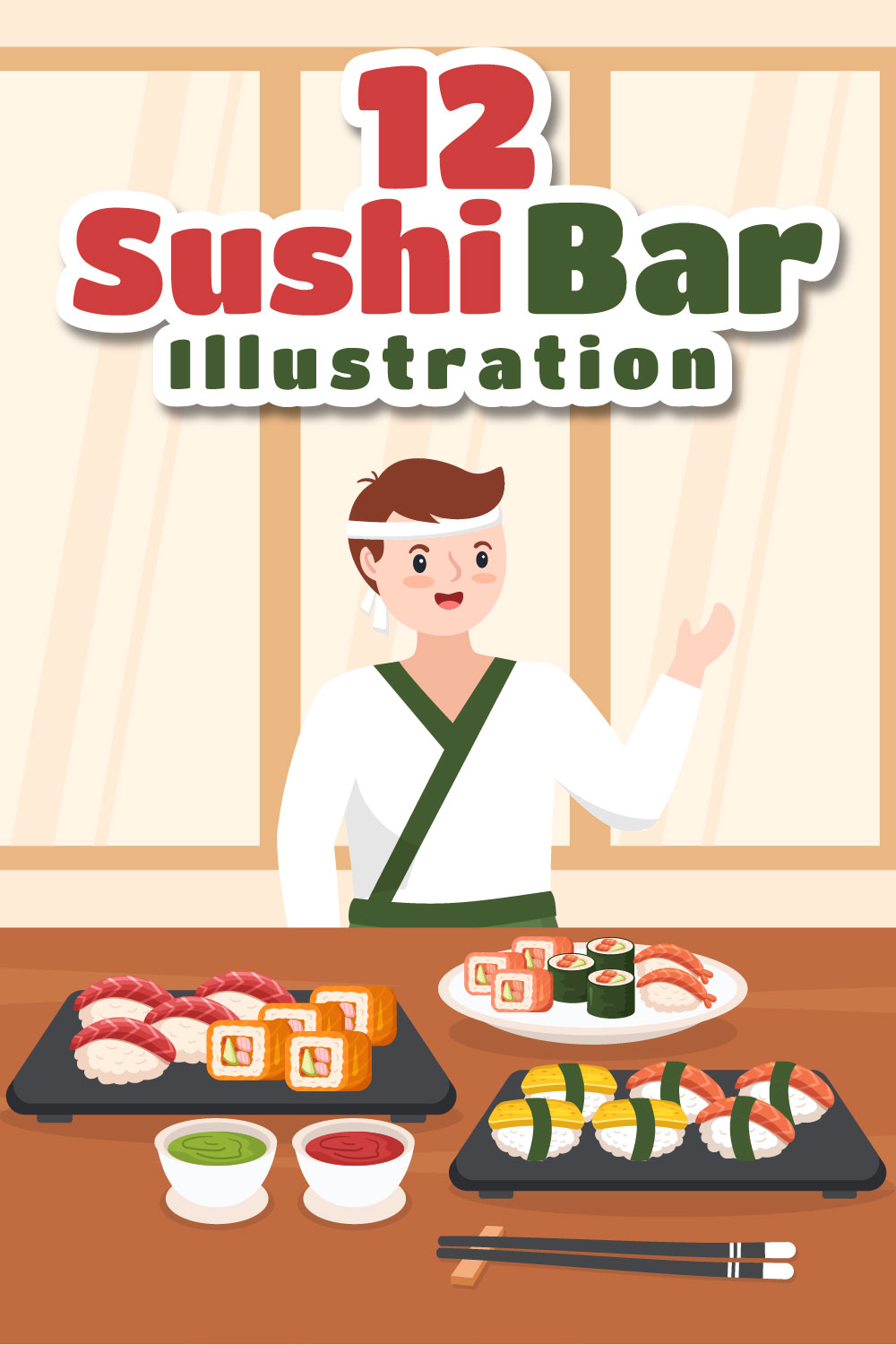 Sushi Bar Japan Asian Food Illustration pinterest image.