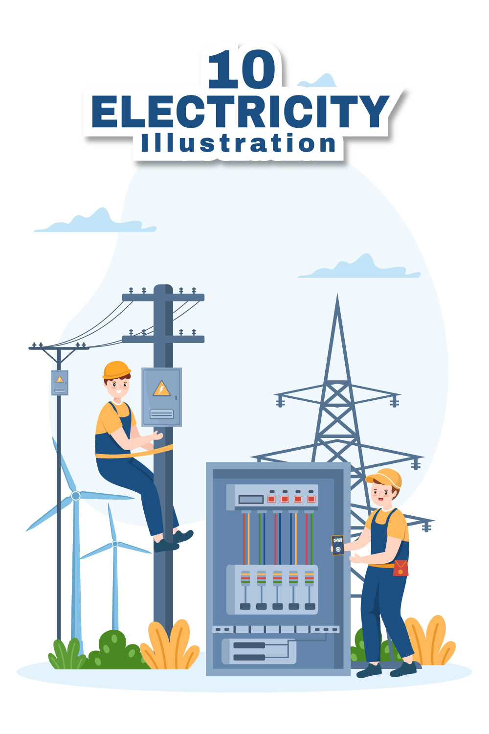 Cartoon image with workers who maintain electric lines.