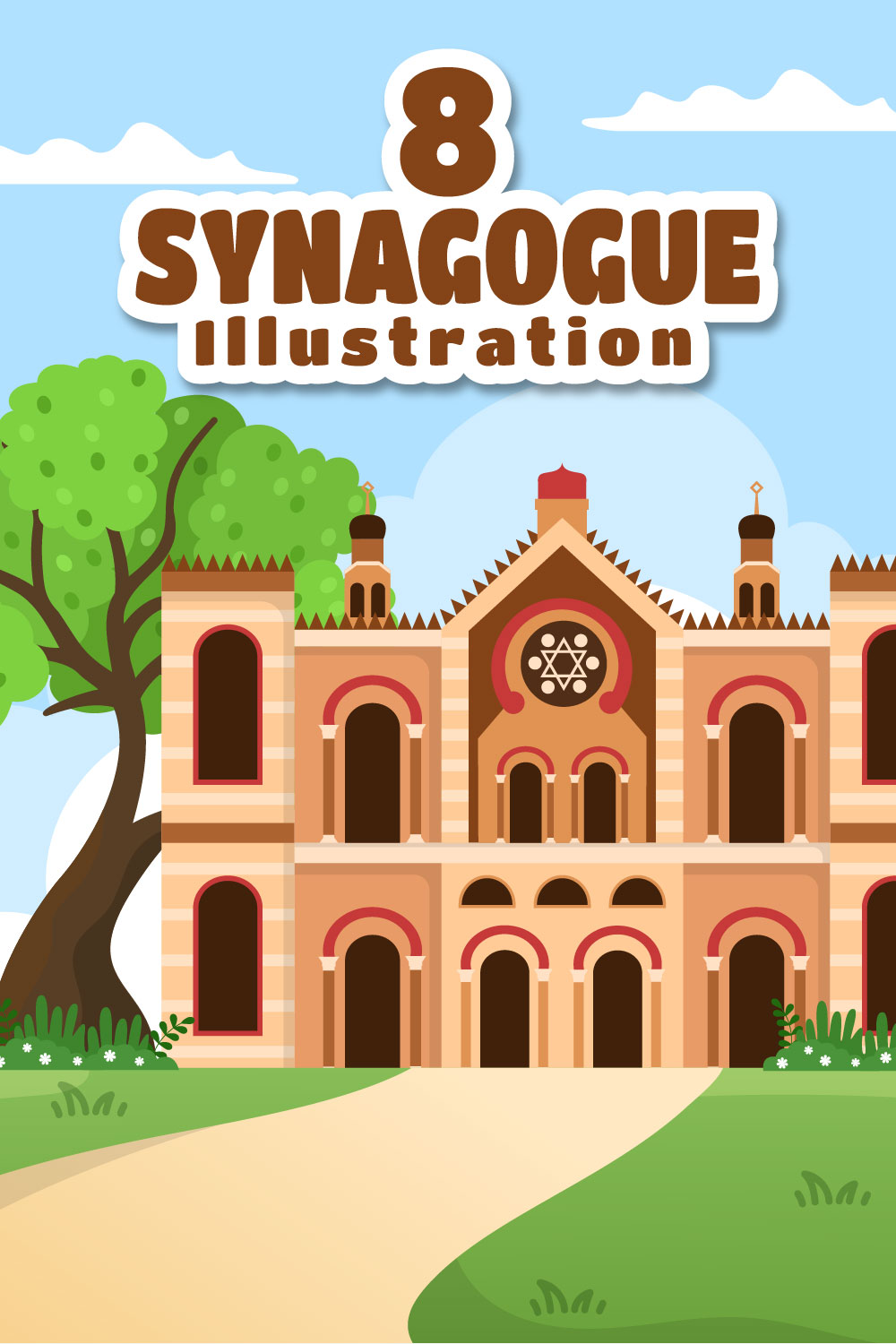 Synagogue Building or Jewish Temple Design Illustration pinterest image.