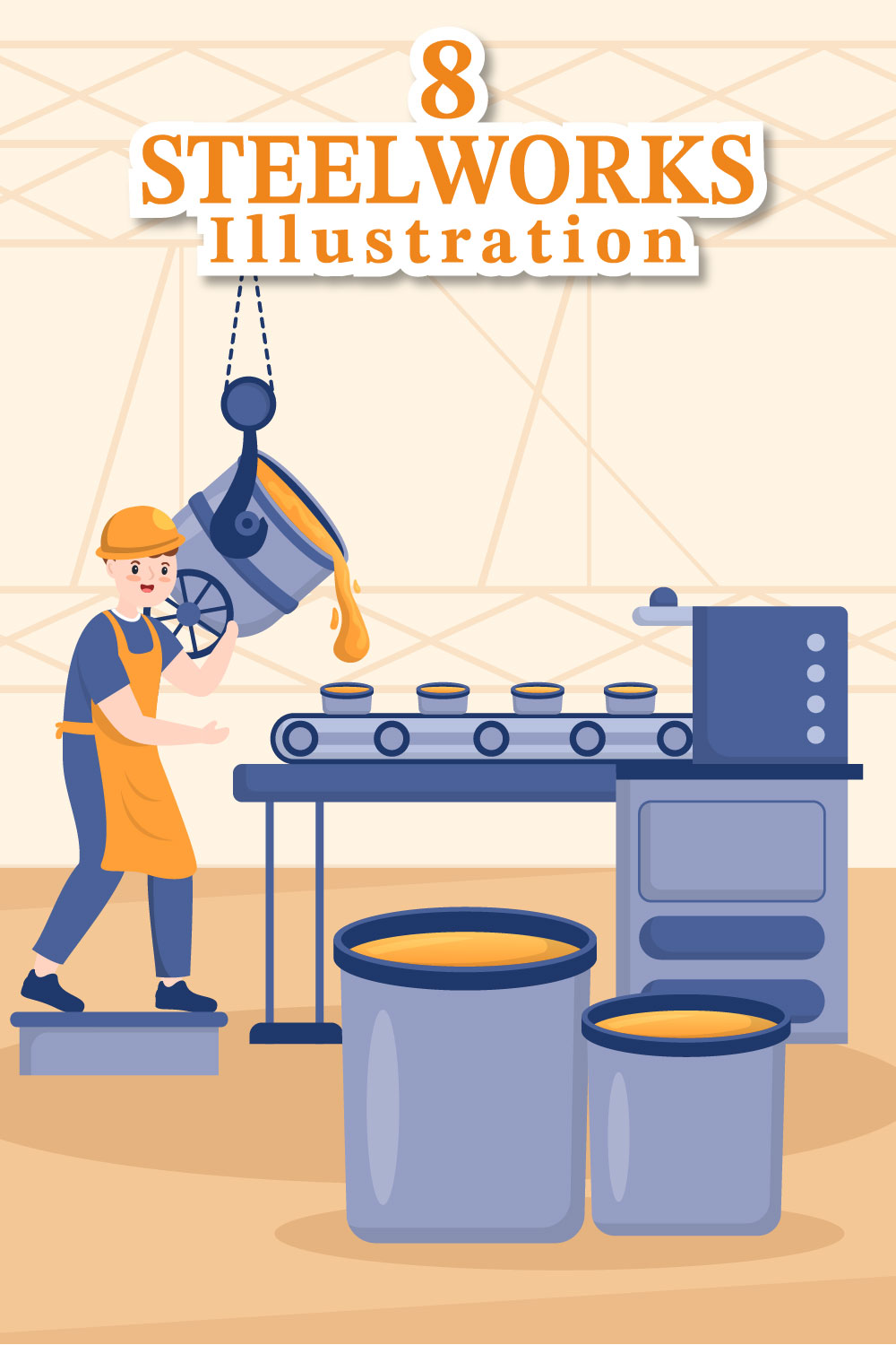 Steelworks and Hot Steel Pouring Cartoon Illustration pinterest image.