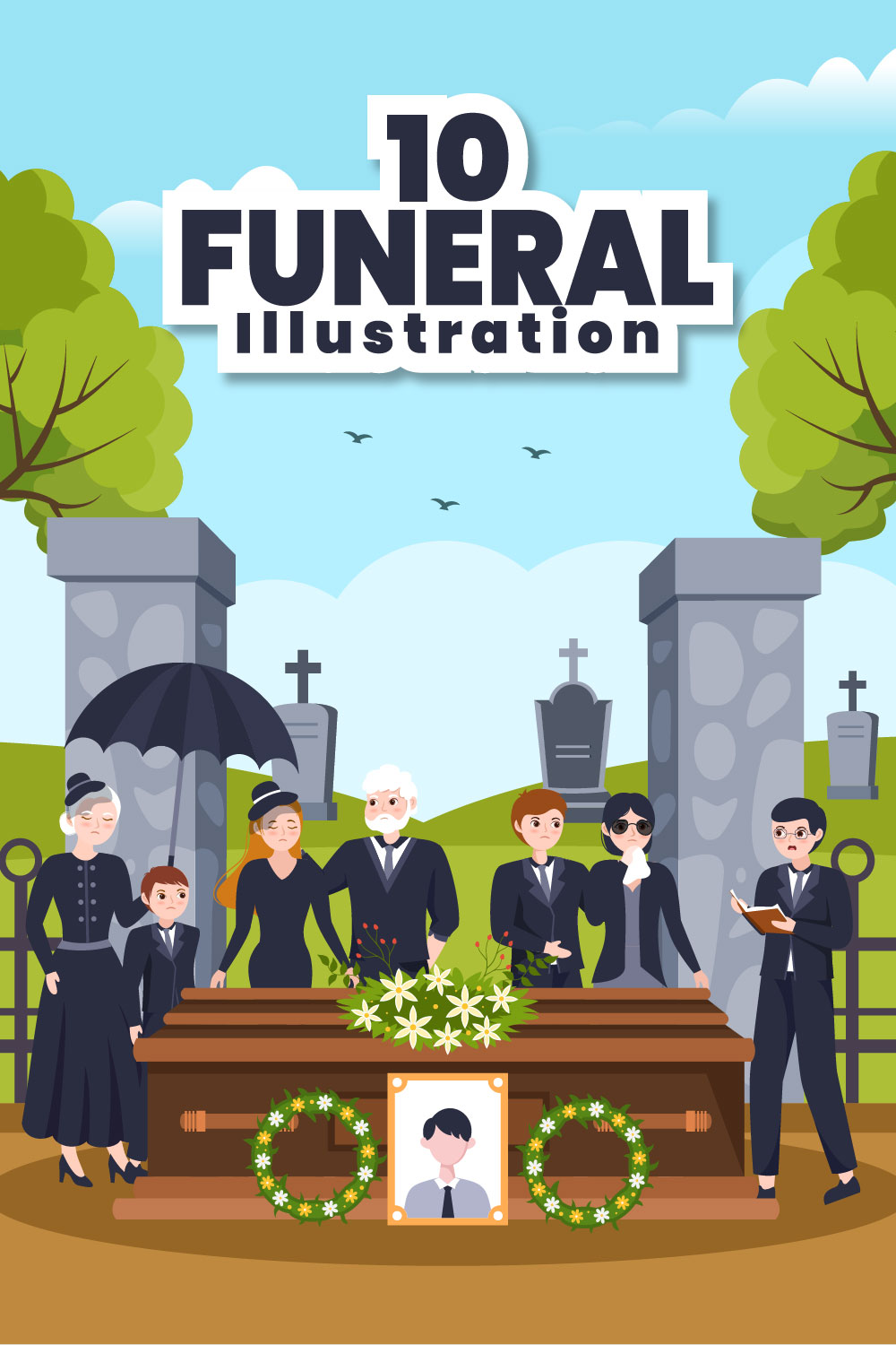 Unique cartoon image of a funeral ceremony.