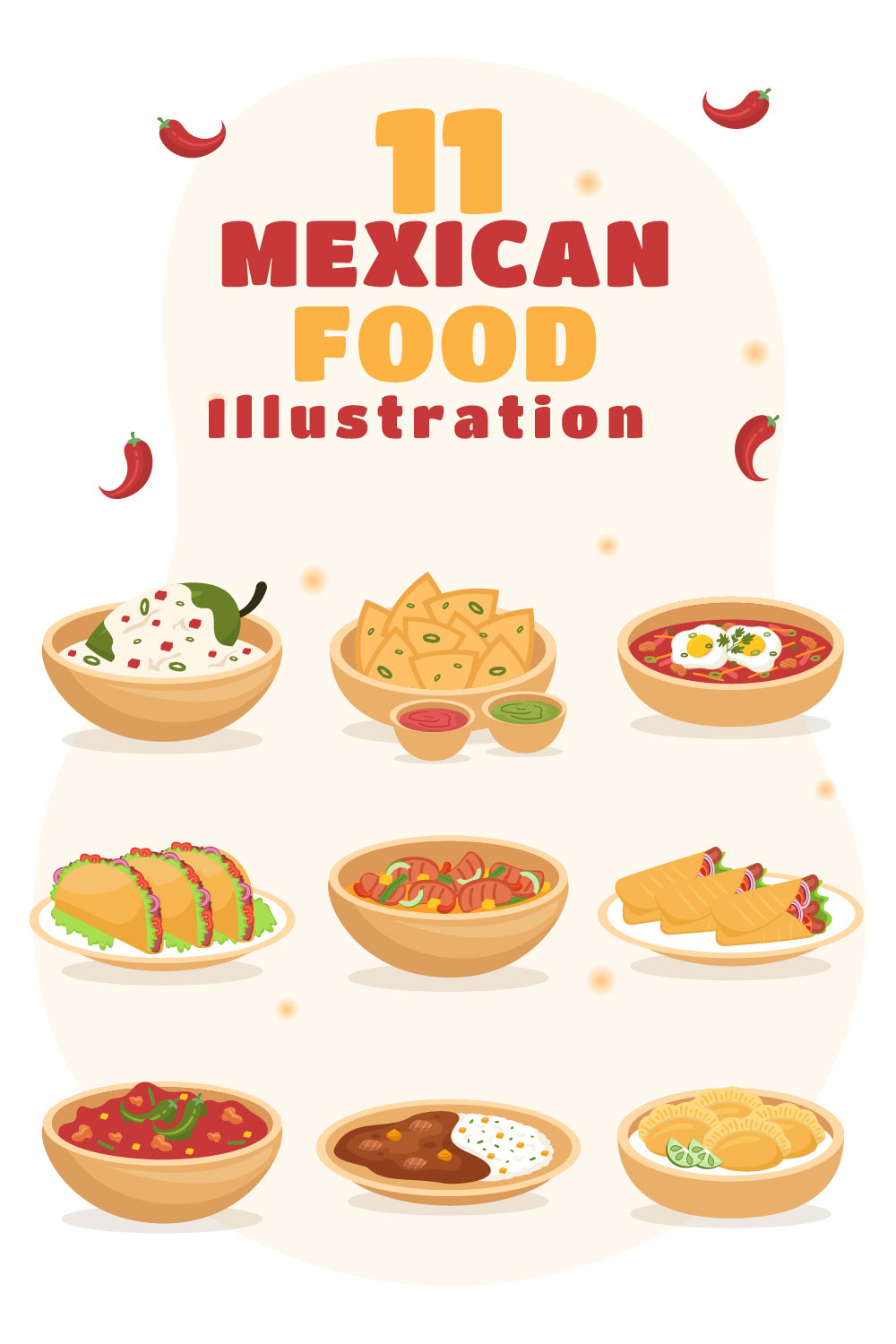 A pack of unique cartoon images of Mexican food.