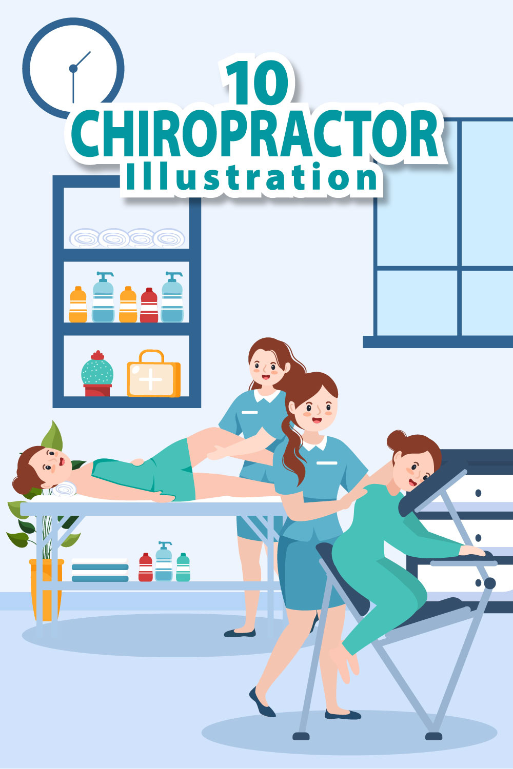 Chiropractor Physiotherapy Rehabilitation Illustration pinterest image.