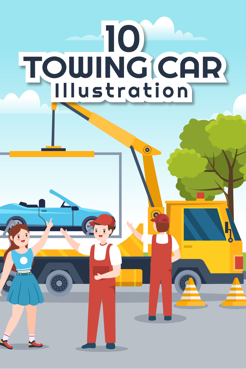 Auto Towing Car Illustration pinterest image.