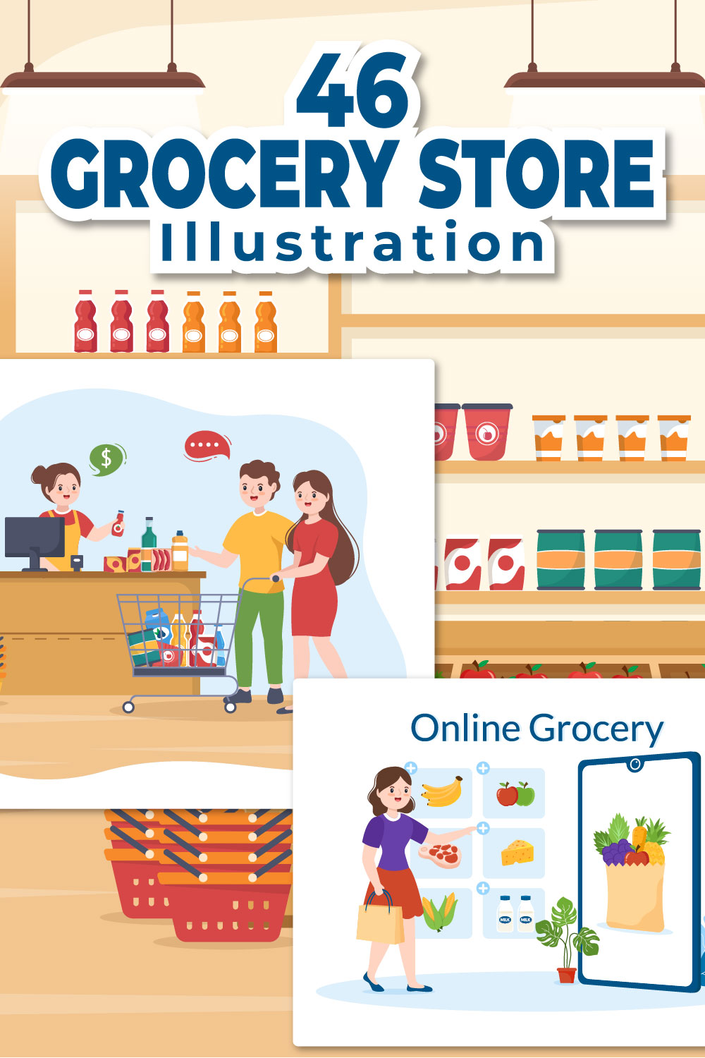 Grocery Store or Supermarket Illustration pinterest image.