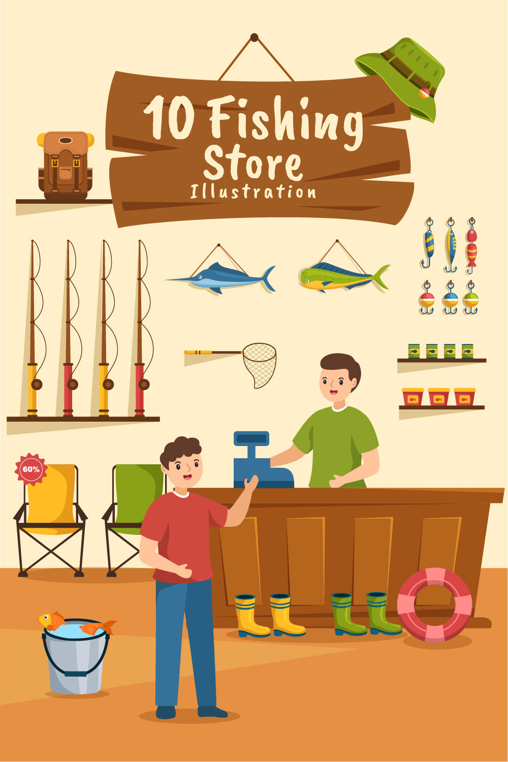 Adorable cartoon image of a fishing shop.