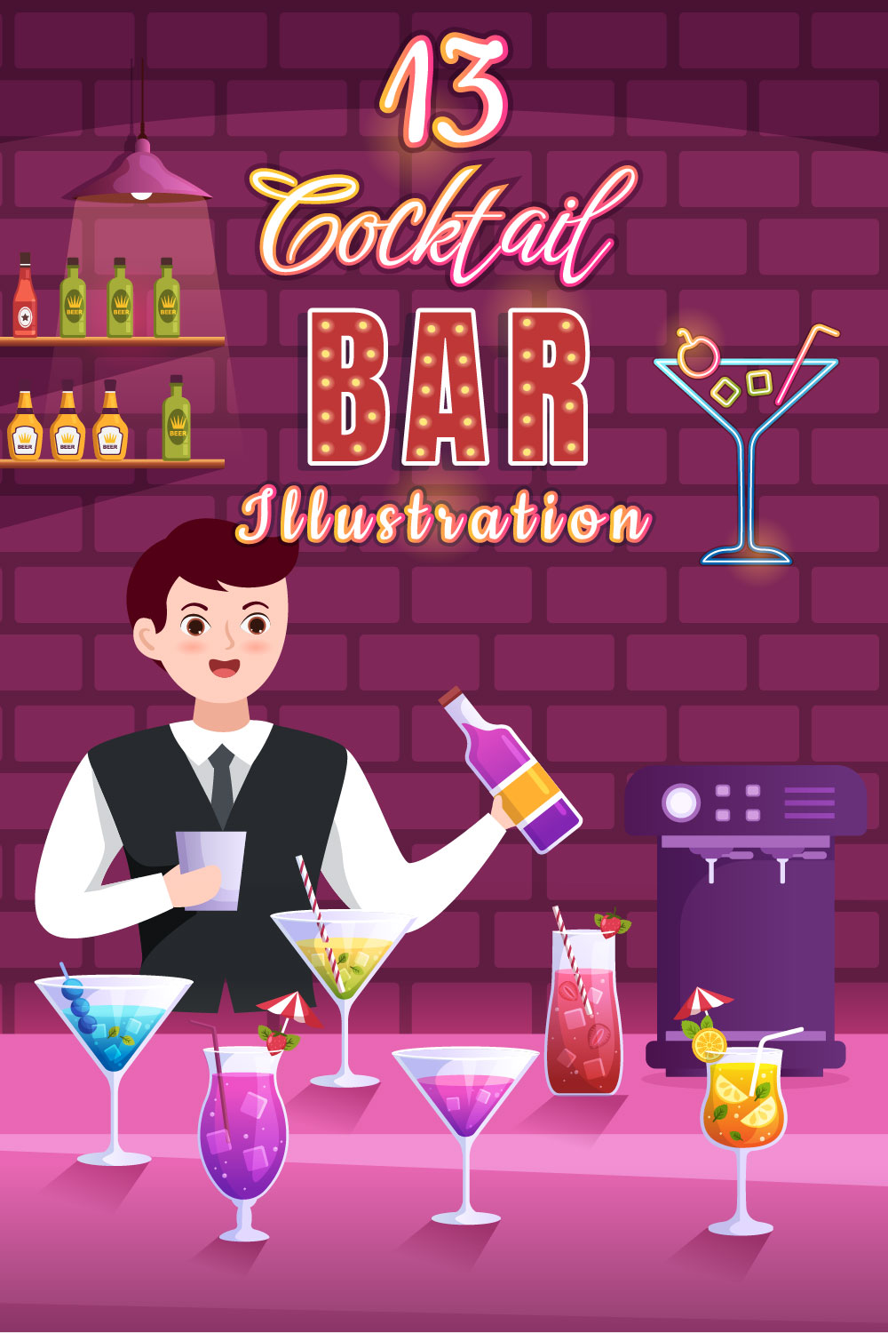 Exquisite cartoon image of a night cocktail bar.