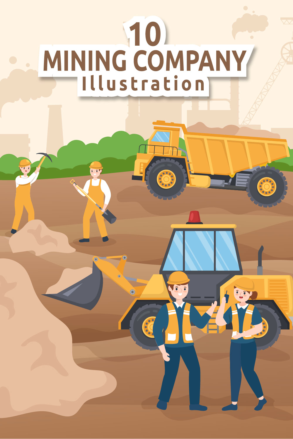 Exquisite cartoon image of a mining company with heavy yellow dump trucks