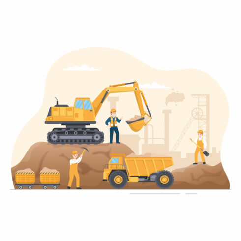 Gorgeous cartoon image of a mining company with heavy yellow dump trucks.