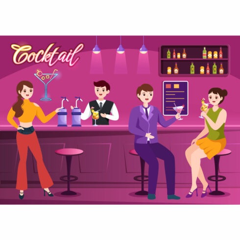 Beautiful cartoon image of a night cocktail bar.