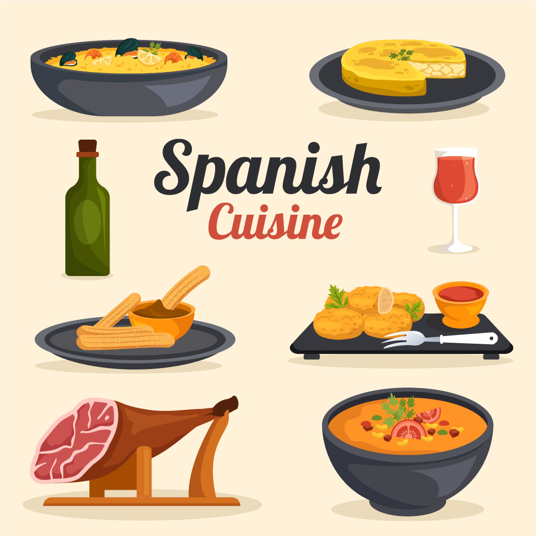 Cartoon image with different spanish food.