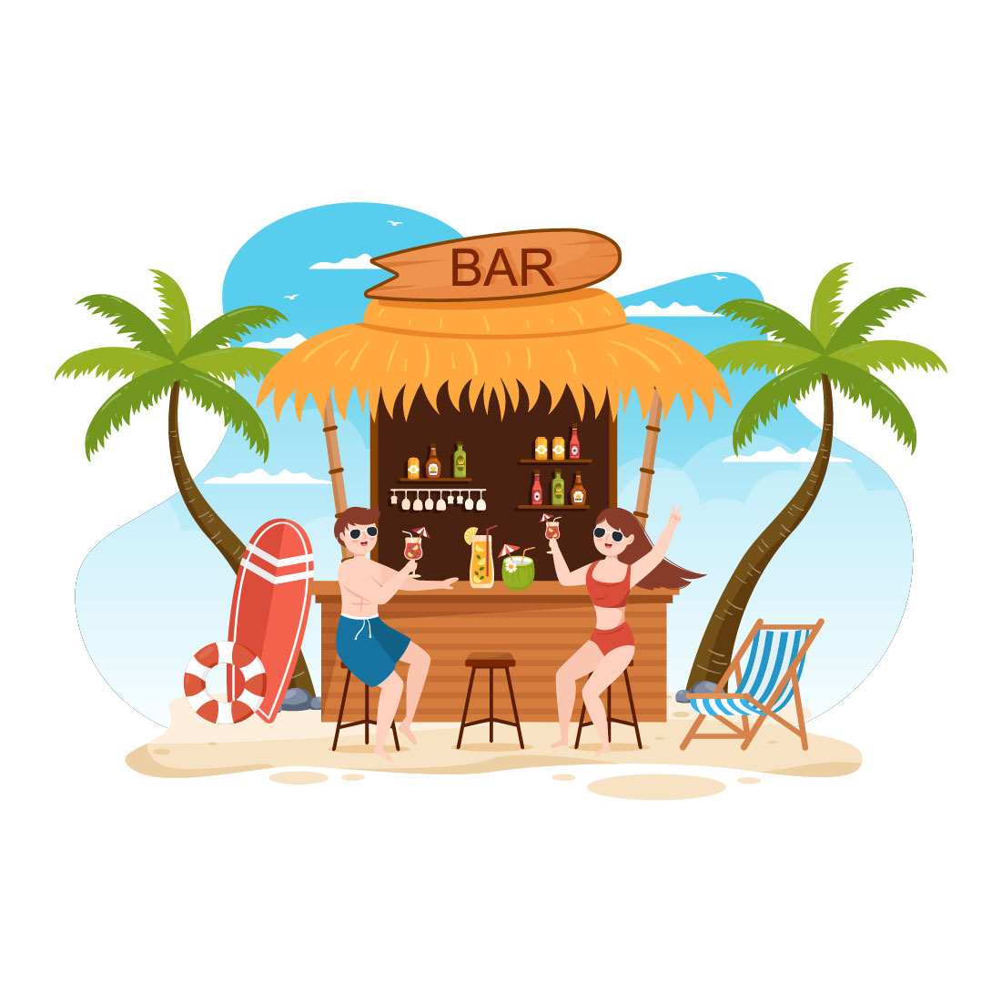 Gorgeous cartoon image of a beach cocktail bar.