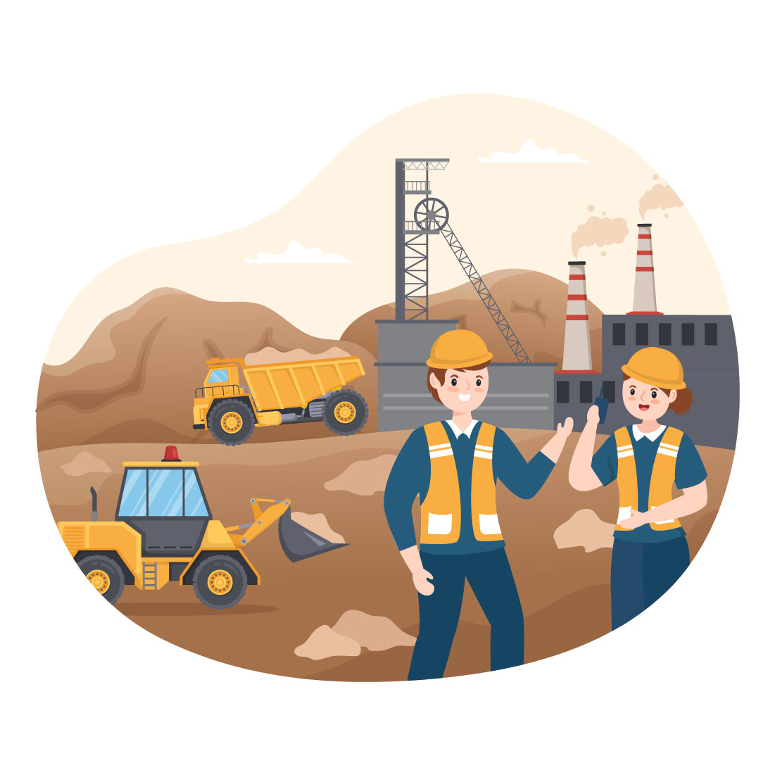 Adorable cartoon image of a mining company with heavy yellow dump trucks.