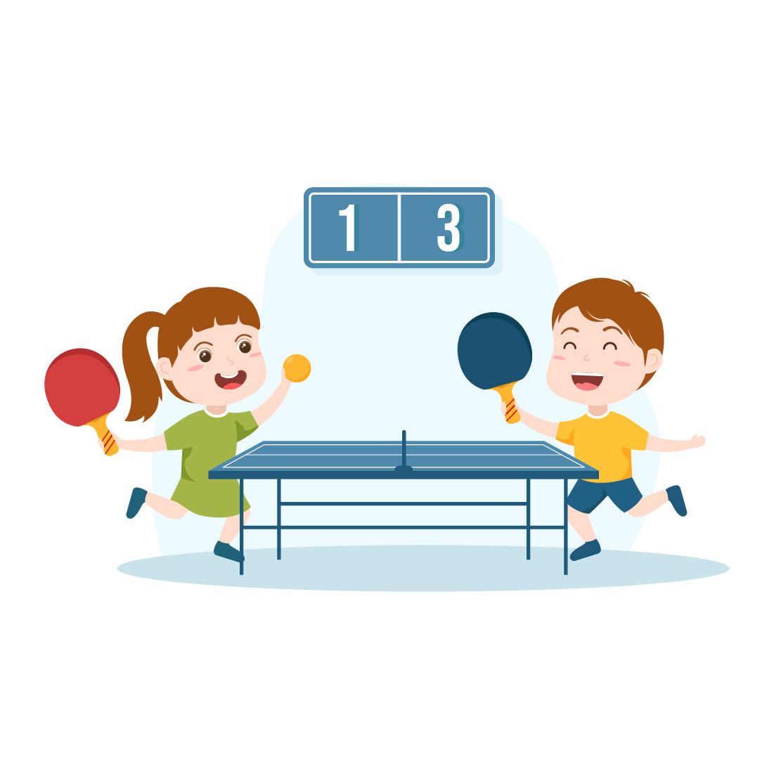 Unique cartoon image of children playing table tennis.