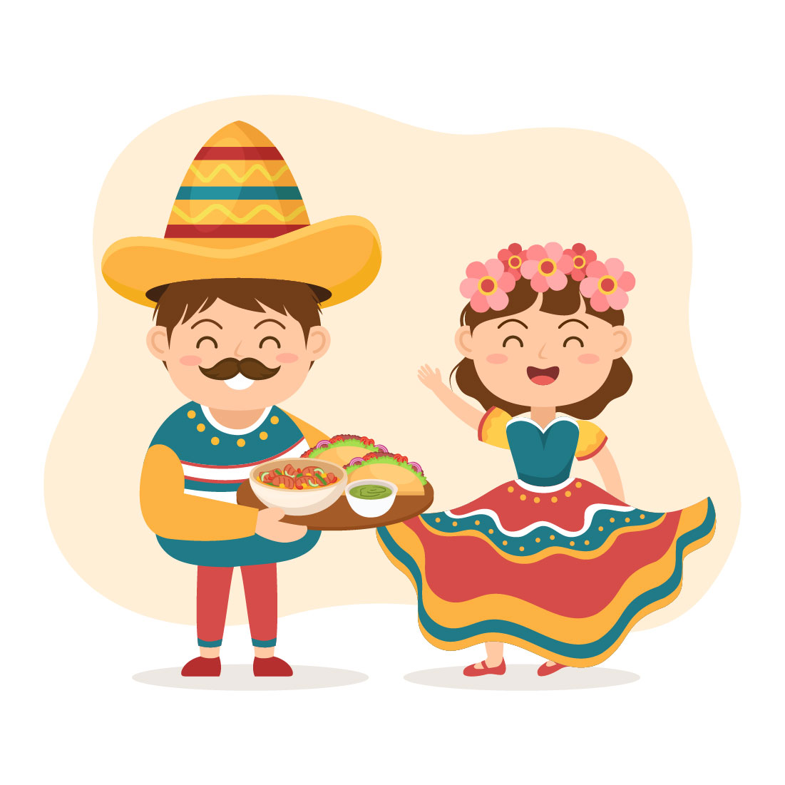 Gorgeous cartoon image with people in Mexican clothes with Mexican food.