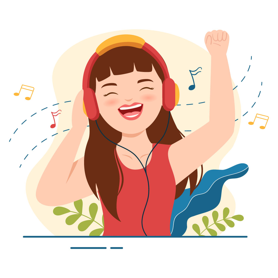 Adorable cartoon image of a girl listening to music with headphones.