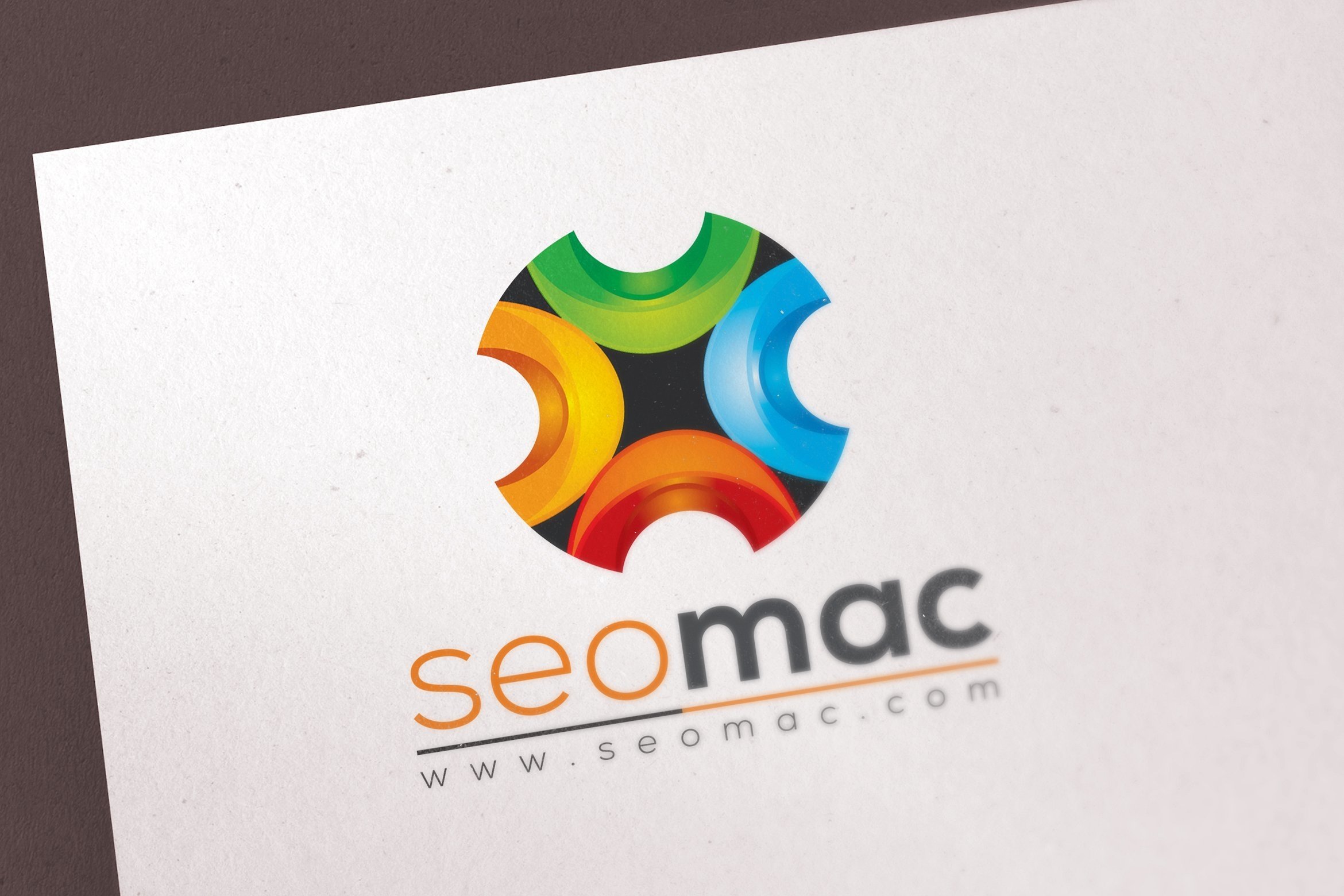 Colorful 3D Abstract Logo Template and orange and black lettering "Seomac" on a white background.