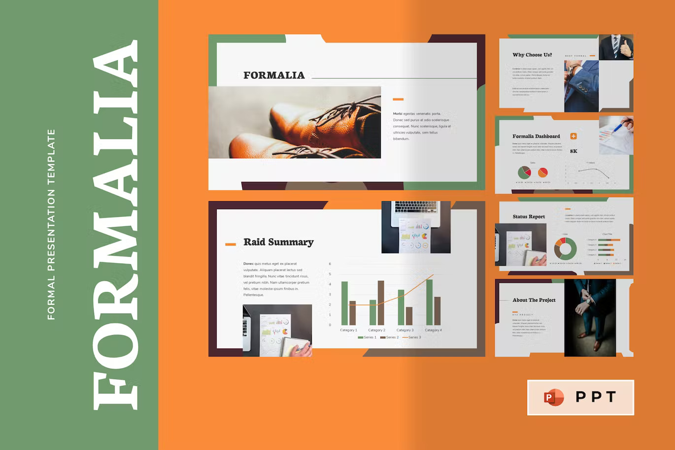 Cover - white lettering "FORMALIA" on a dirty green background and 2 large and 4 small formal powerpoint templates on a orange background.