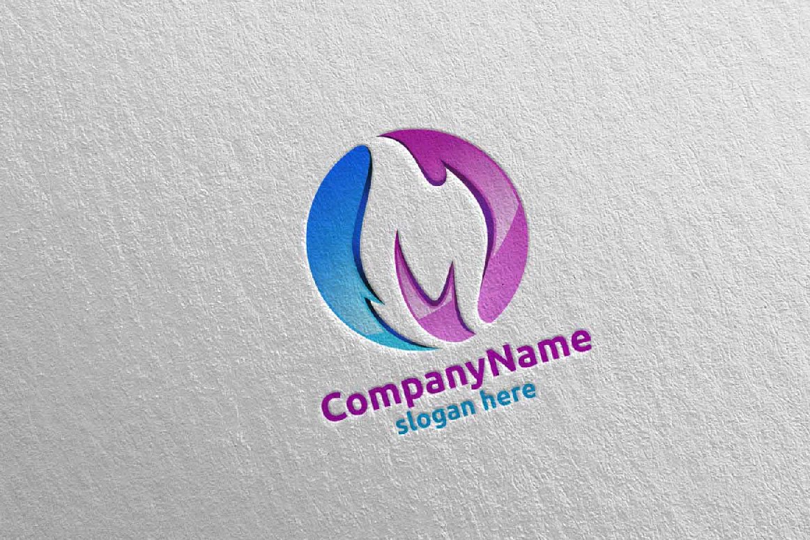 A blue and purple 3D fire flame element logo and purple and blue lettering "CompanyName slogan here" on a gray background.