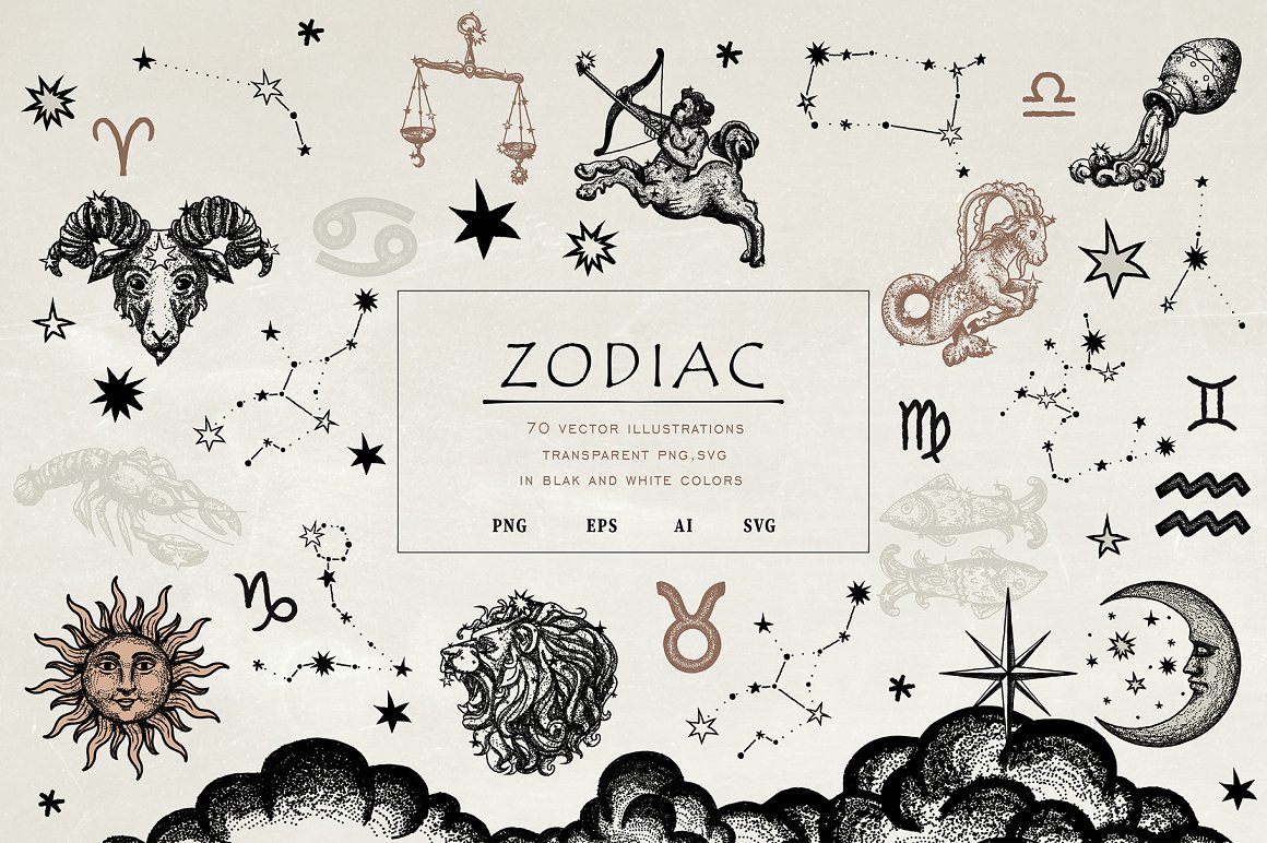 Black lettering "Zodiac" in black frame and different black zodiac illustrations on a gray background.