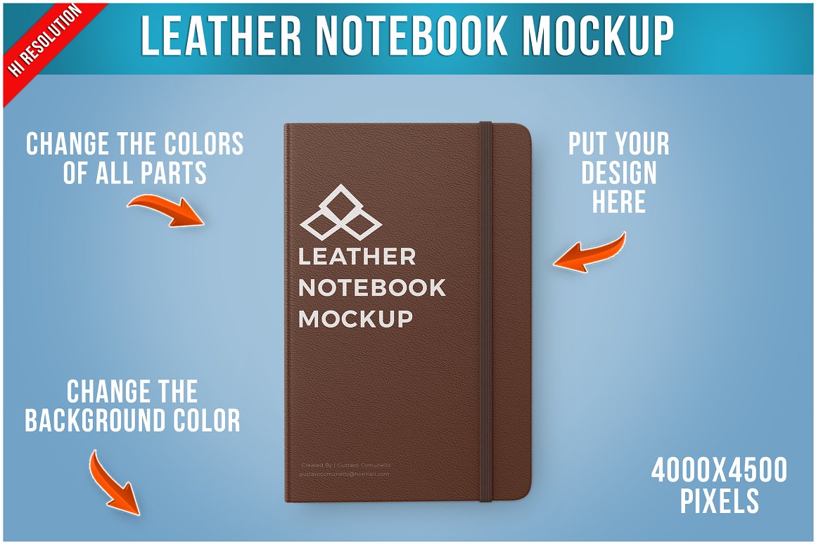 White lettering "Leather Notebook Mockup" on a blue background, brown mockup leather notebook and description of possible changes on a blue background.