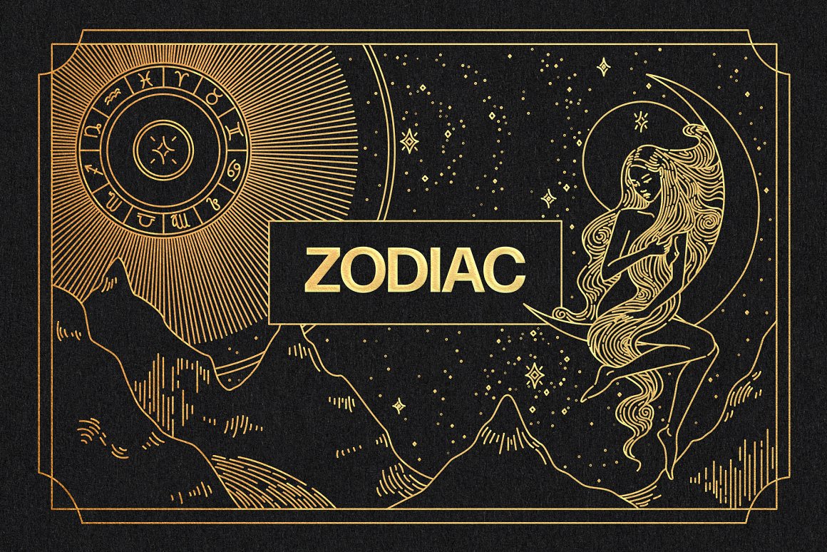 Golden lettering "Zodiac" on the background of golden-black zodiac image.