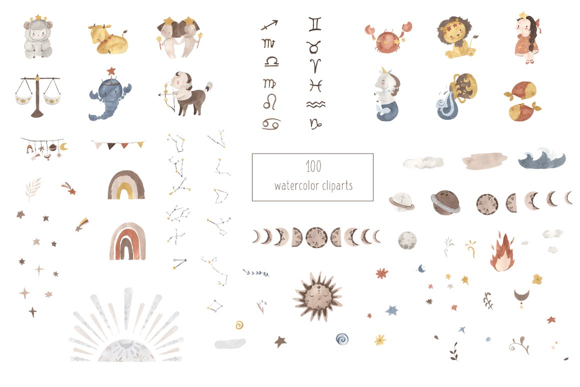 A set of 100 different watercolor cliparts on a white background.