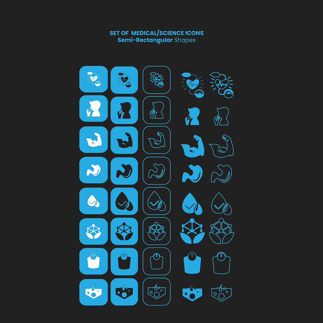 35 Science and Health Icons Bundle, blue icons square shape.