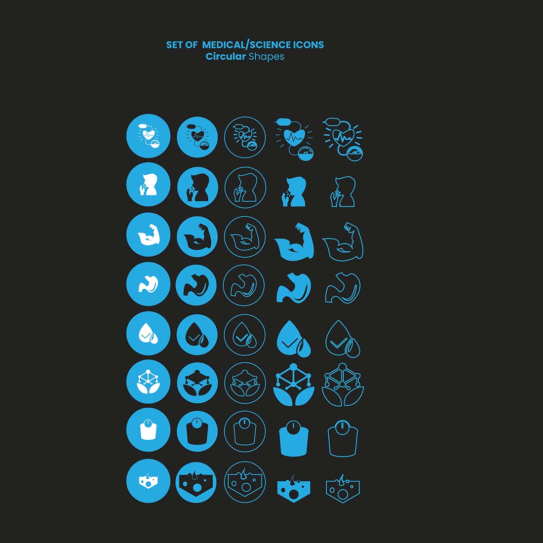 1 35 Science and Health Icons Bundle, blue icons circular shape.