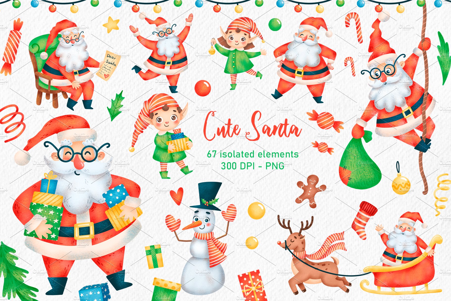 Cute Santa illustrations with the different elements.