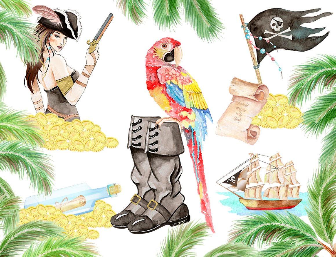 Bright watercolor elements for the pirate composition.