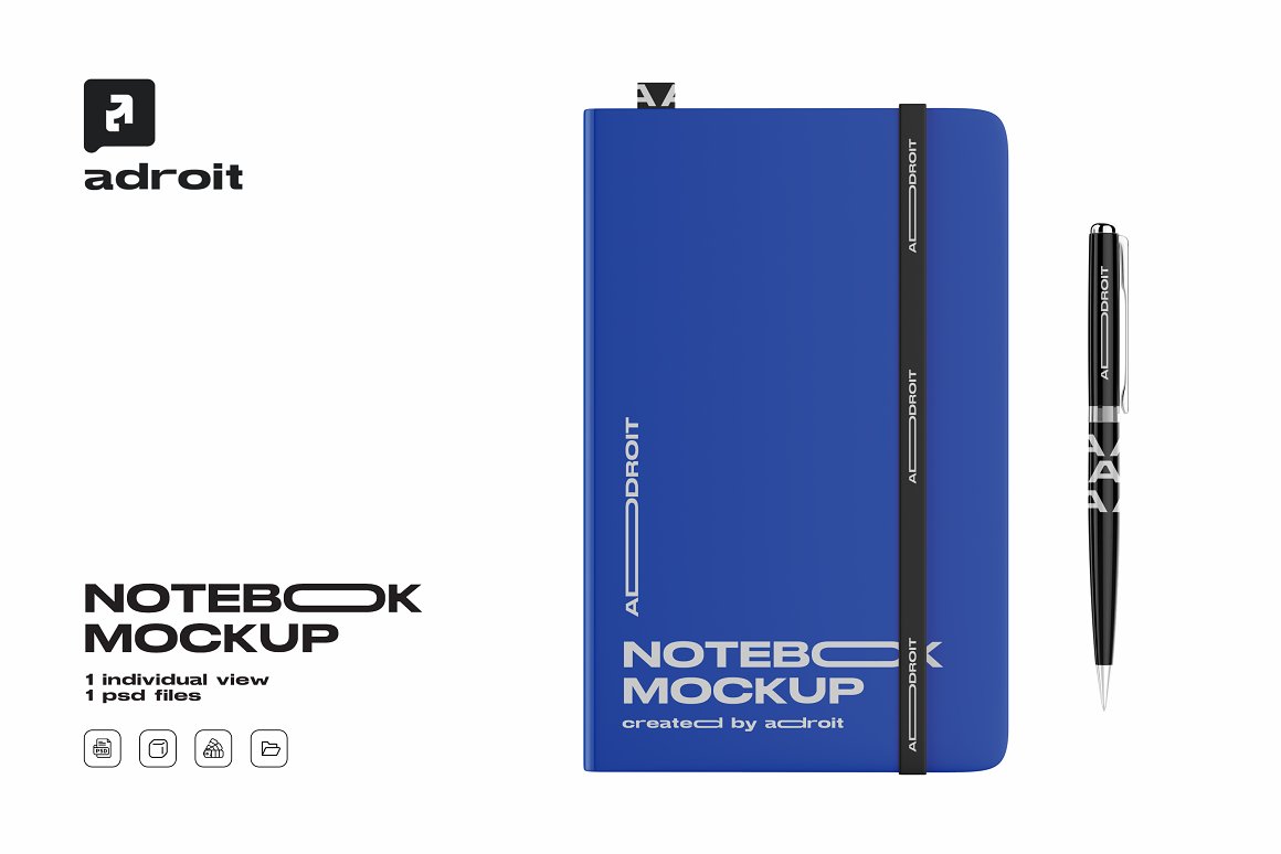 Black lettering "Notebook mockup" and blue notebook with a black pen on a white background.