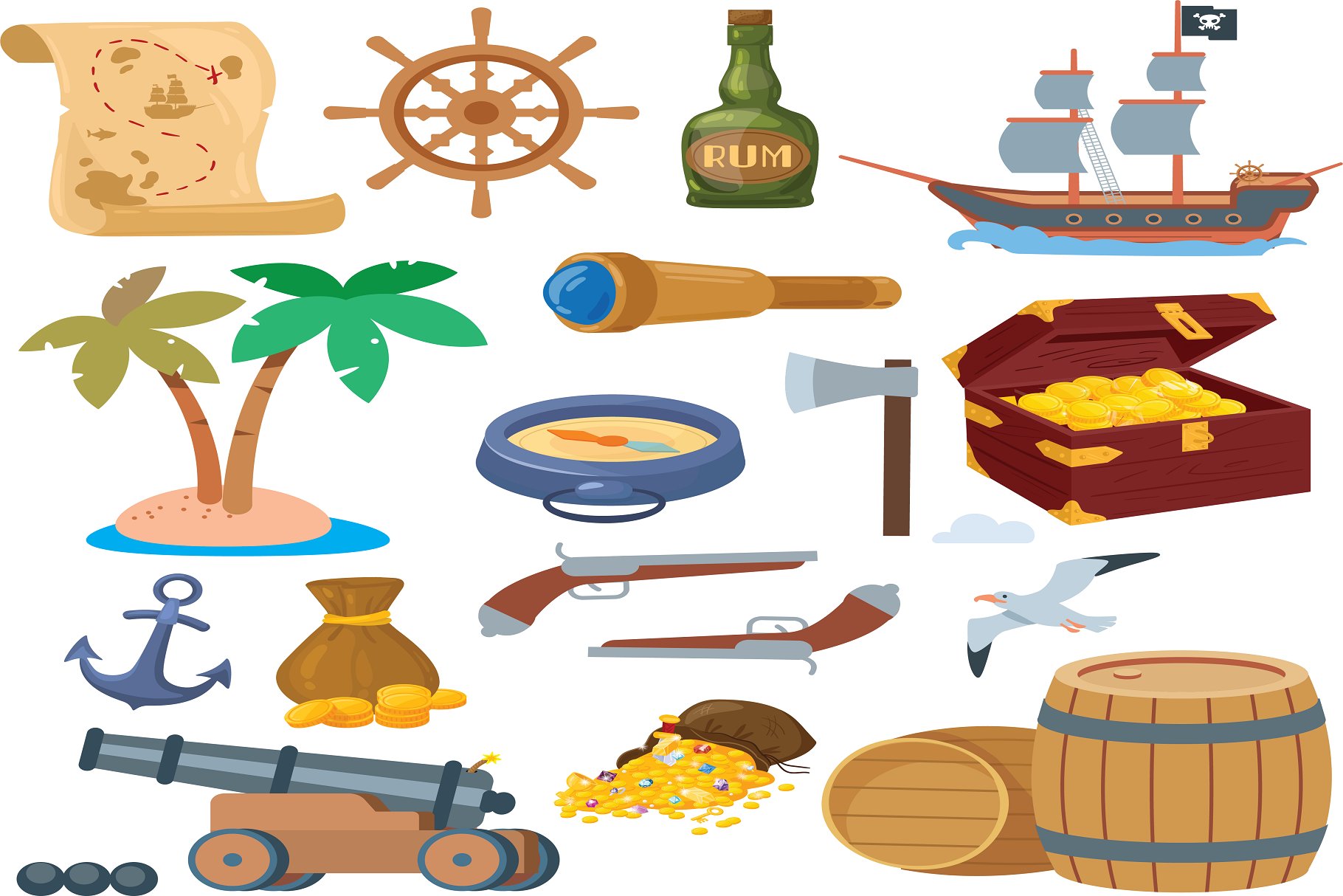 Realistic elements for the pirate illustration.