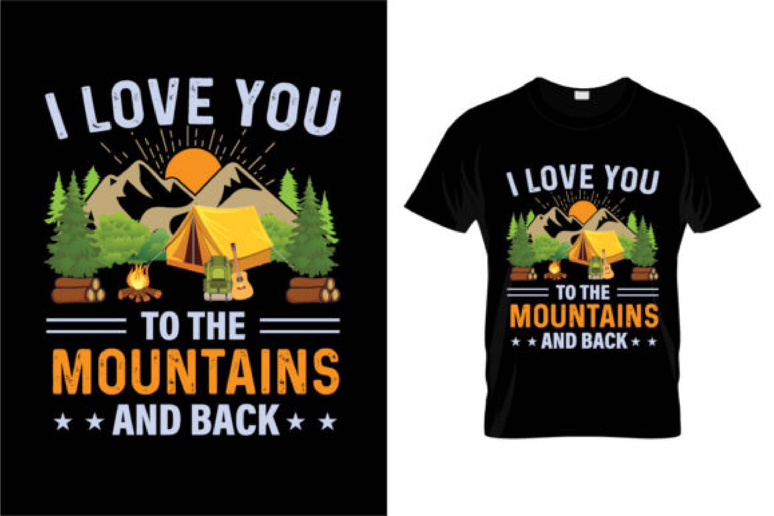 Image of a black T-shirt with a wonderful print on the theme of camping.