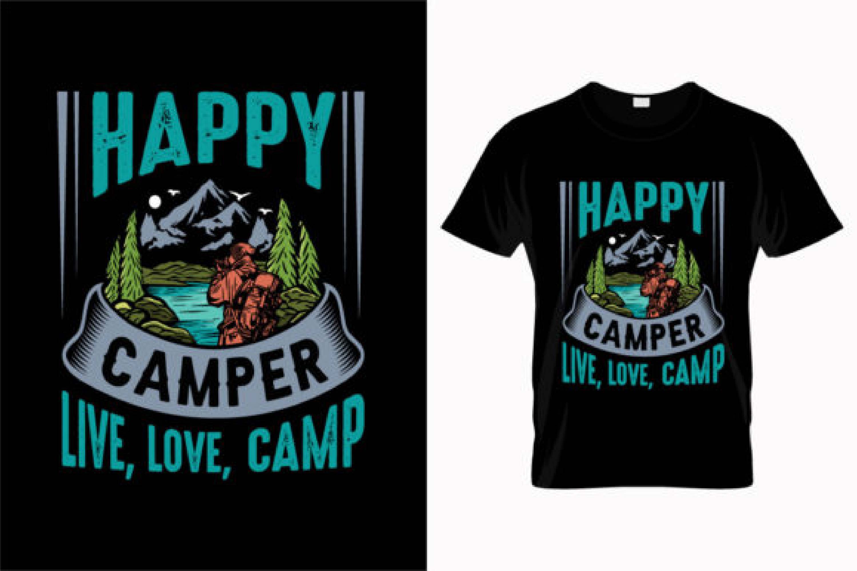 Image of a black t-shirt with a charming print on the theme of camping.