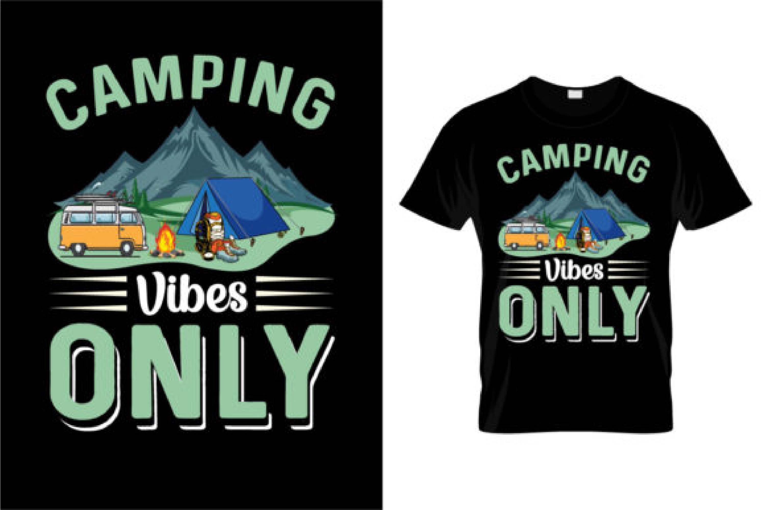 Picture of a black t-shirt with an adorable camping themed print and a colorful landscape.