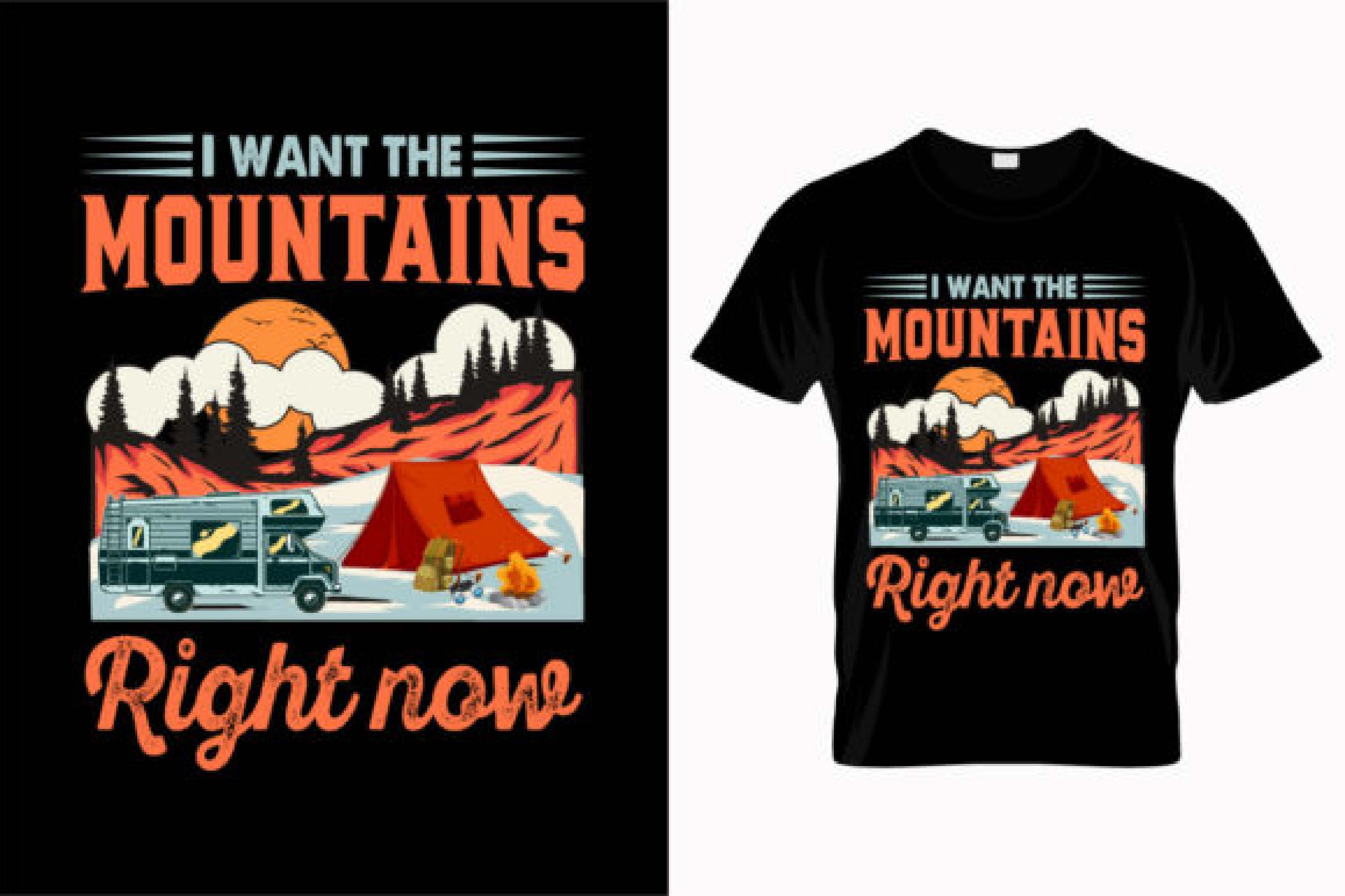 Image of a black t-shirt with a gorgeous camping themed print and a colorful landscape.
