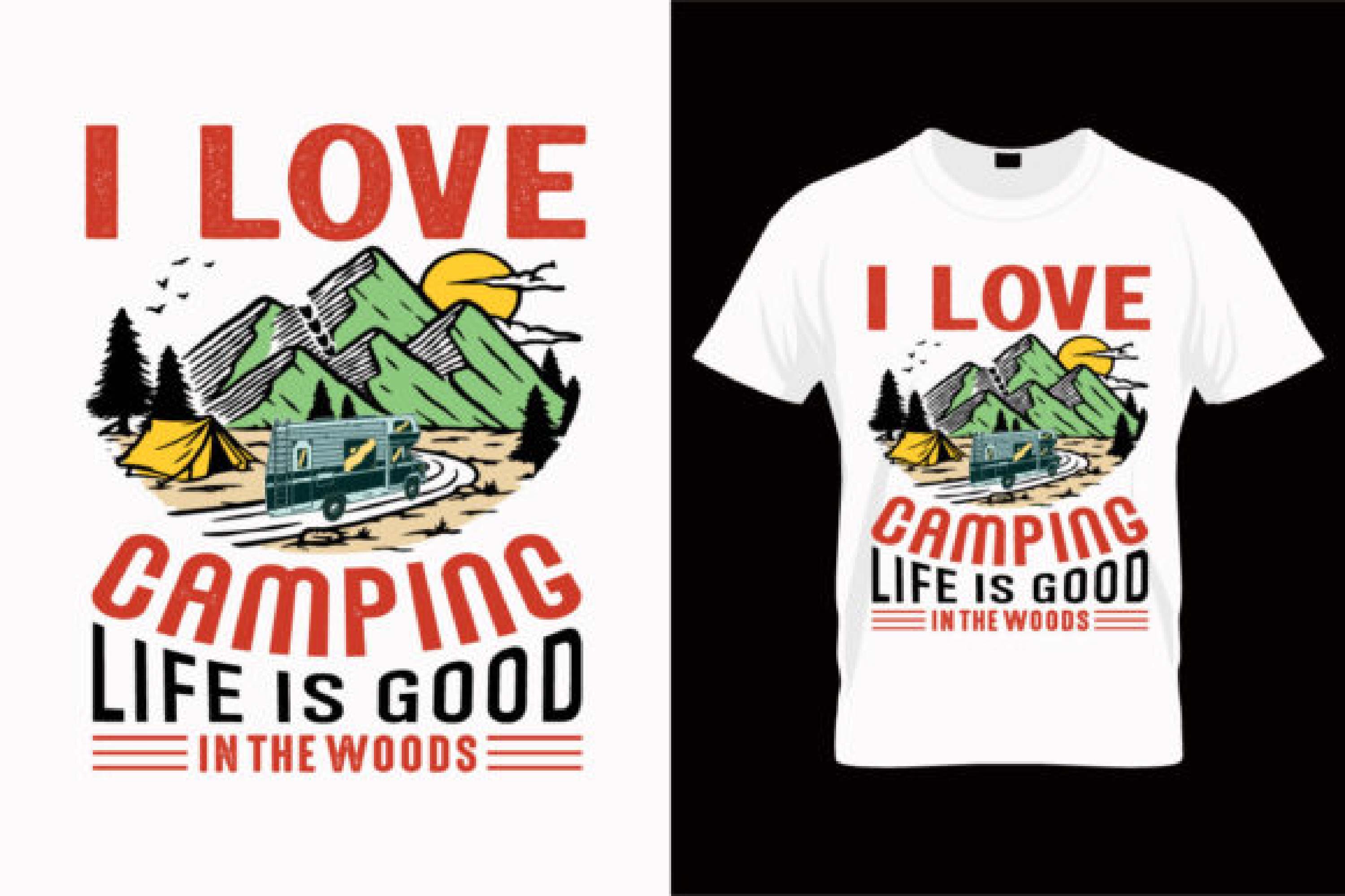 Image of a white t-shirt with an elegant print on the theme of camping and a colorful landscape.