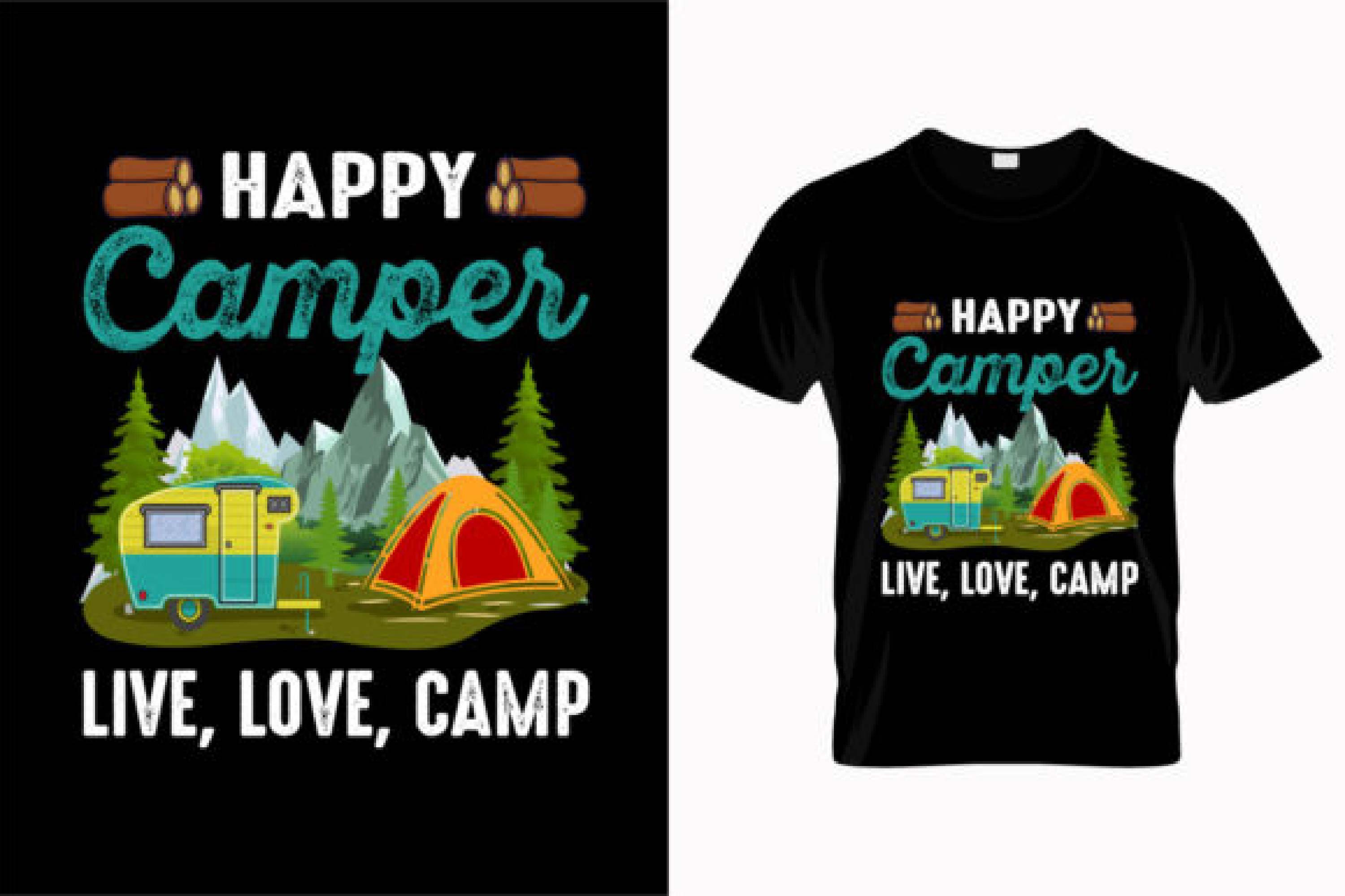 Image of a black t-shirt with an amazing camping themed print.