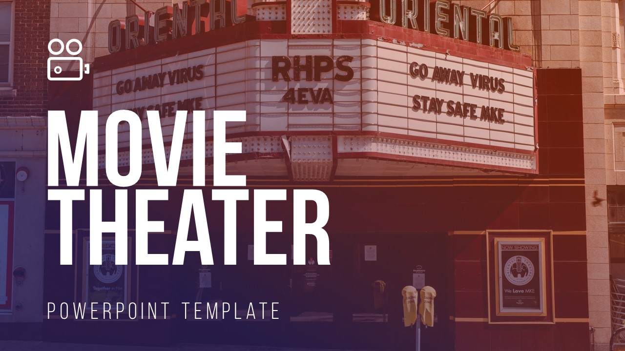 White lettering "Movie Theater PowerPoint Template" on a photography.